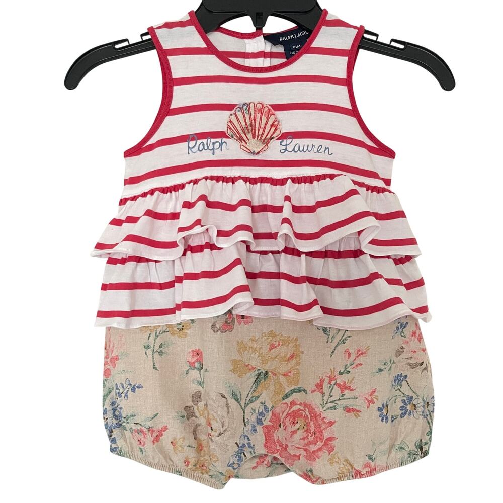 Ralph Lauren Infante Baby Girl Ruffle Bubble Romper Beach Floral Style Size 18M